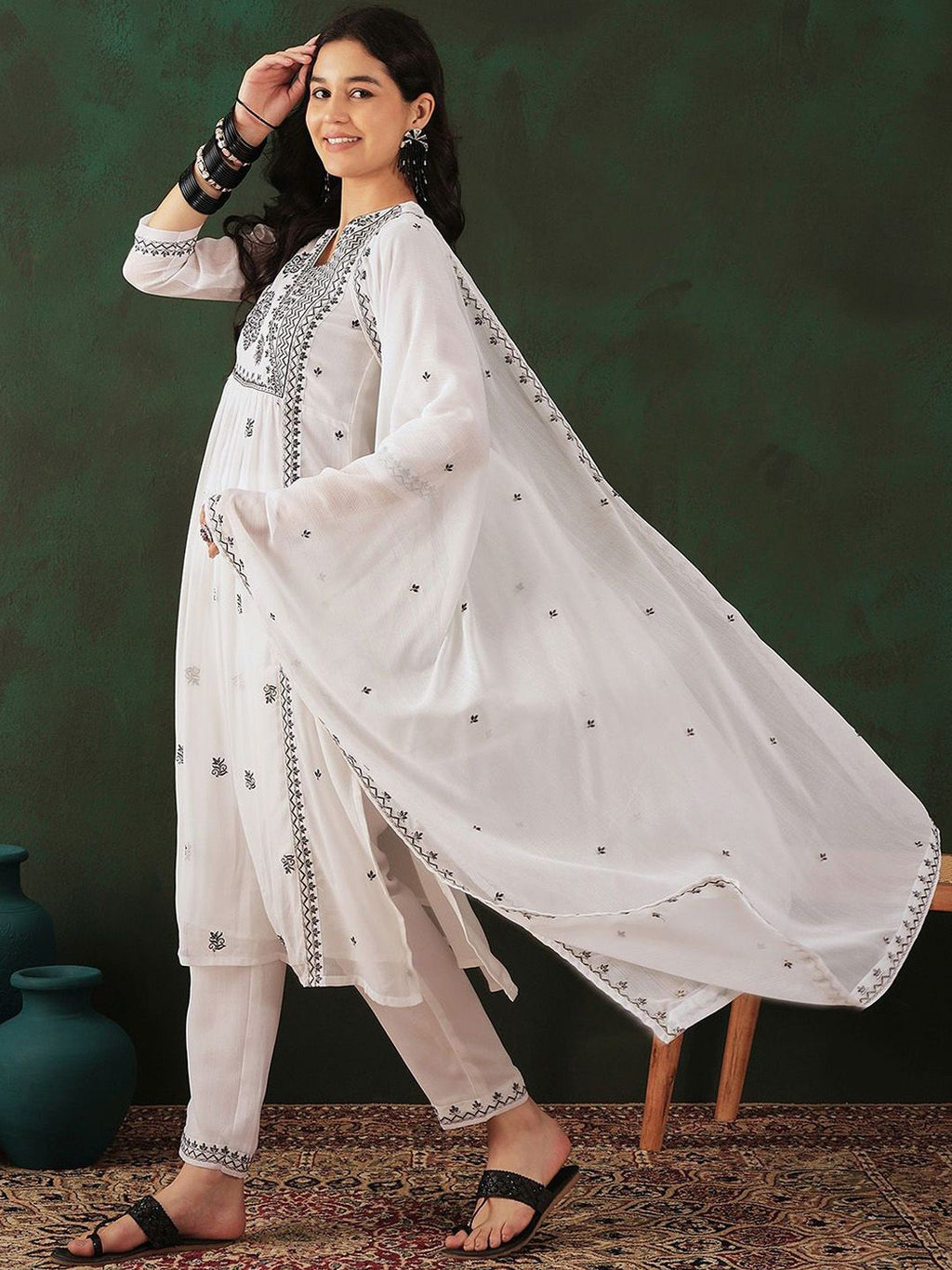 Sangria Floral Embroidered A Line Kurta With Trouser & Dupatta | Grocsy