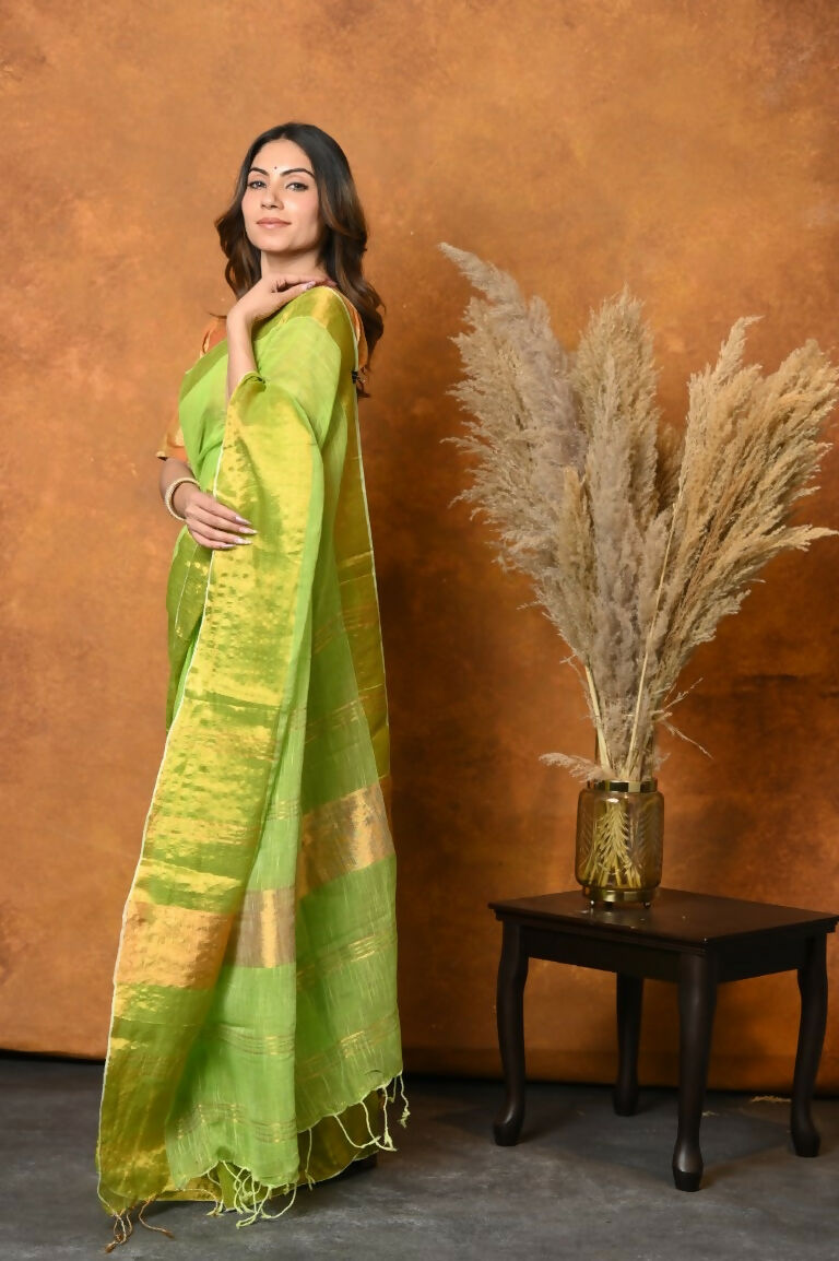 Very Much Indian Handloom Pure Cotton Linen Saree With Golden Border - Light Green | Grocsy