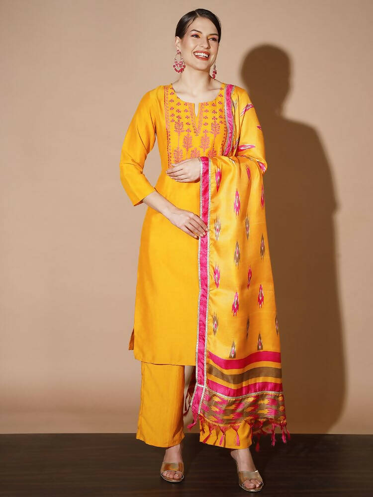 Myshka Women Mustard Solid Kurta & Palazzos With Dupatta | Grocsy