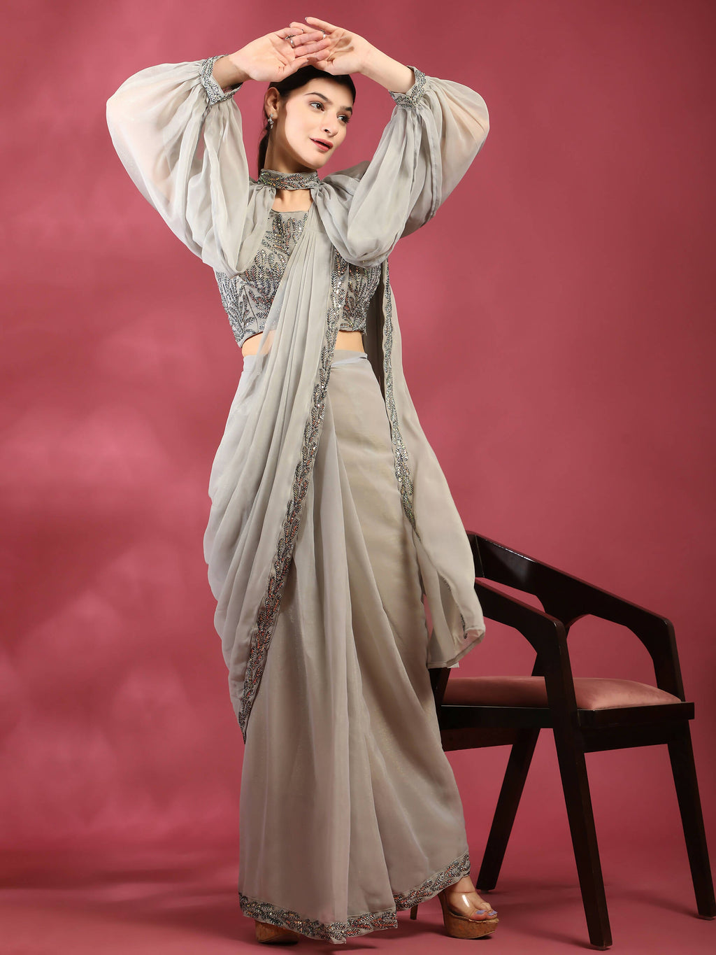 Grey Fancy Pure Fabric Plain Ready to wear Saree with stitched Blouse - Vrinda | Grocsy