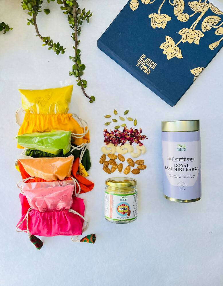 Shuddh Natural Ubtan Based Herbal Gulal | Ayurvedic Thandai Powder |Kashmiri Kahwa| Holi Gift Hamper | Grocsy