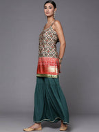 Ahalyaa Women Green & Red Ethnic Motifs Print Kurti with Sharara & Dupatta | Grocsy