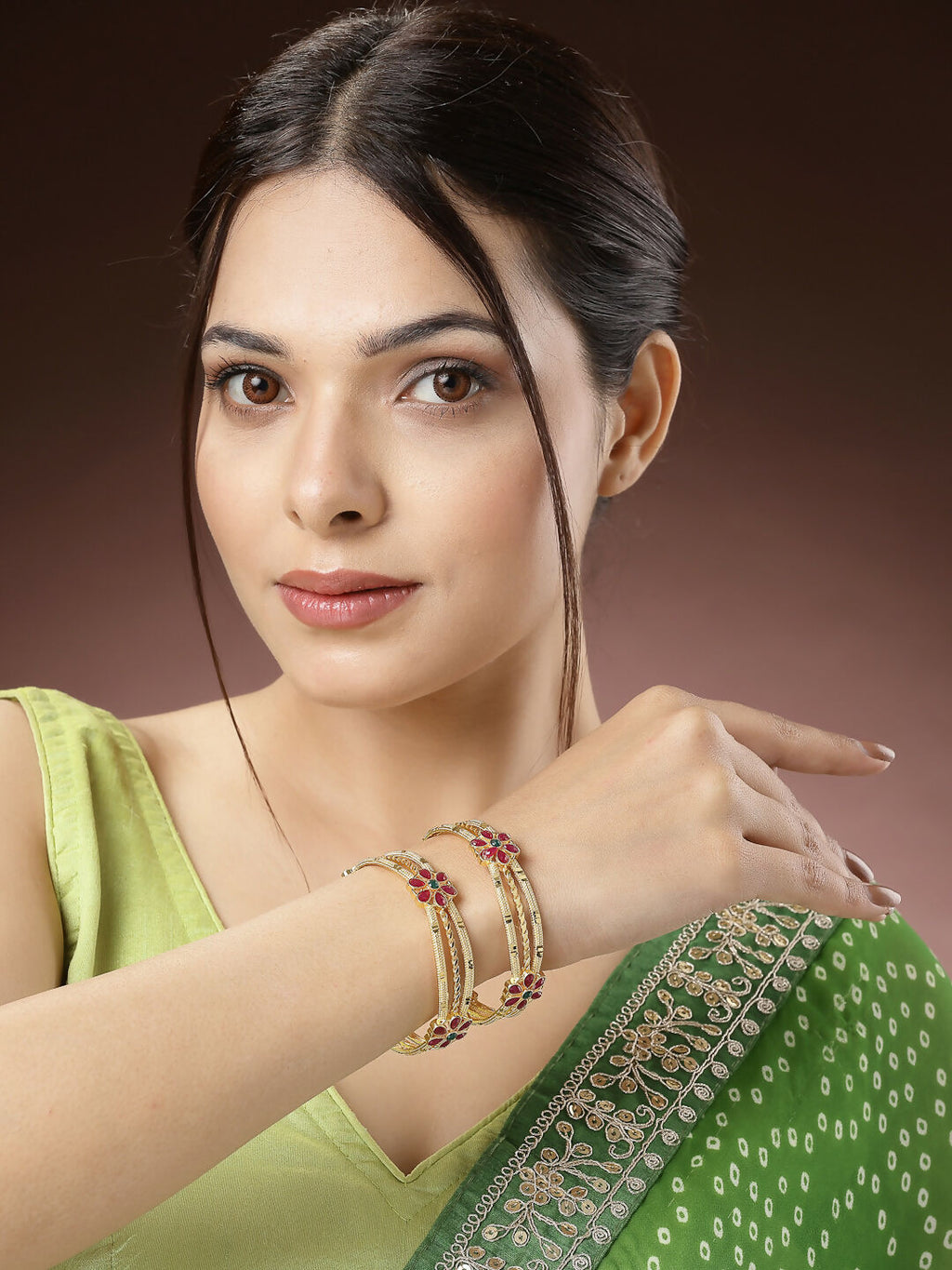 NVR Women's Set of 2 Gold-Polished Artificial Stones Handcrafted Traditional Bangles | Grocsy