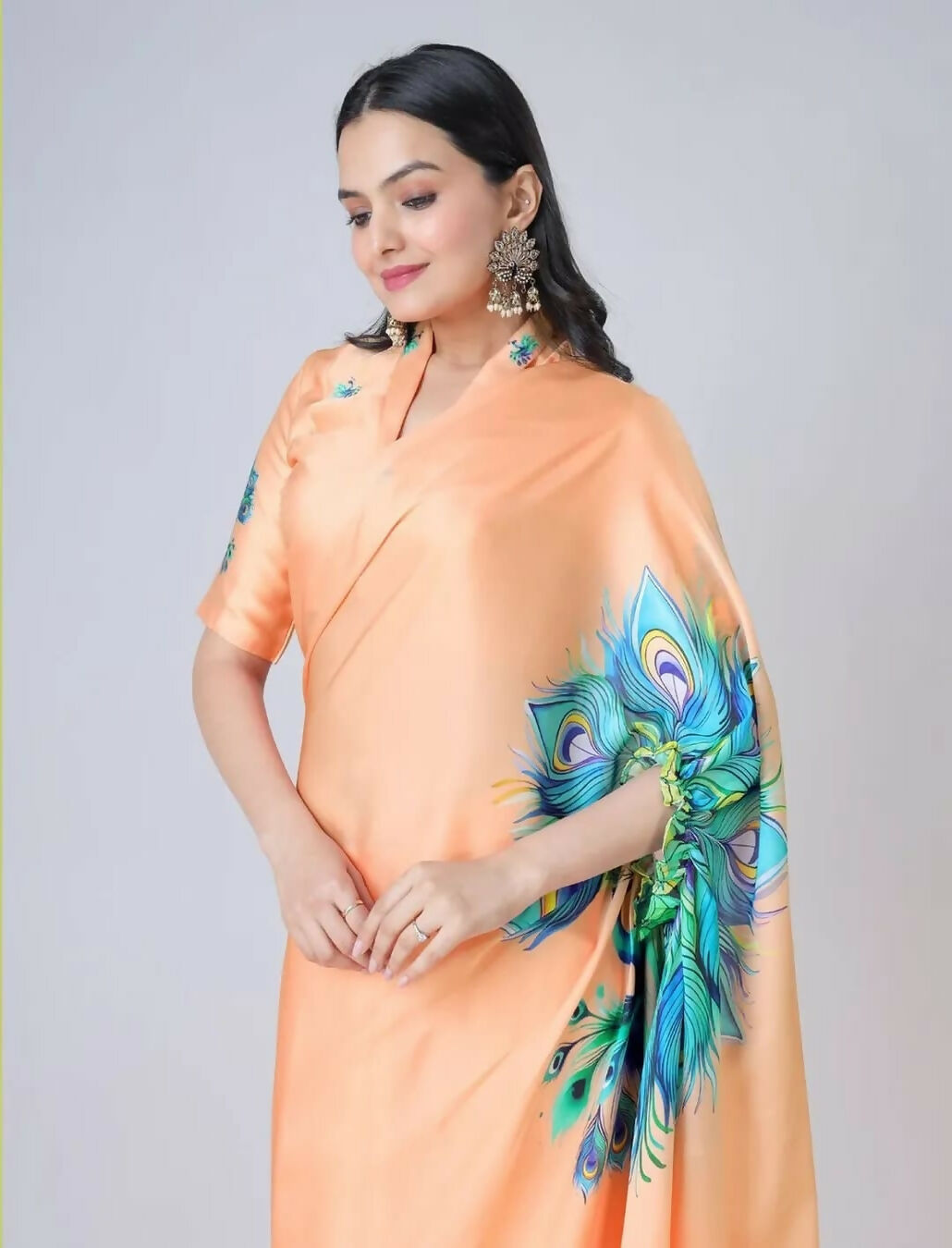 Vastranavya Peach Peacock Print Free Hand Ready to Wear Saree | Grocsy