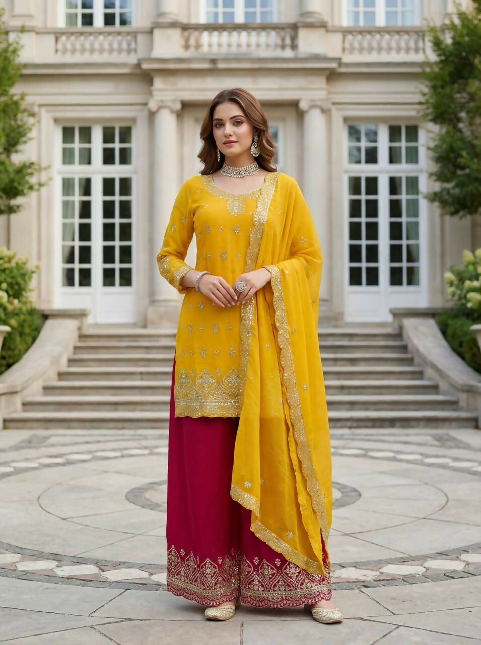 Joban Fashion Yellow Silk Embroidered Sharara Set | Grocsy