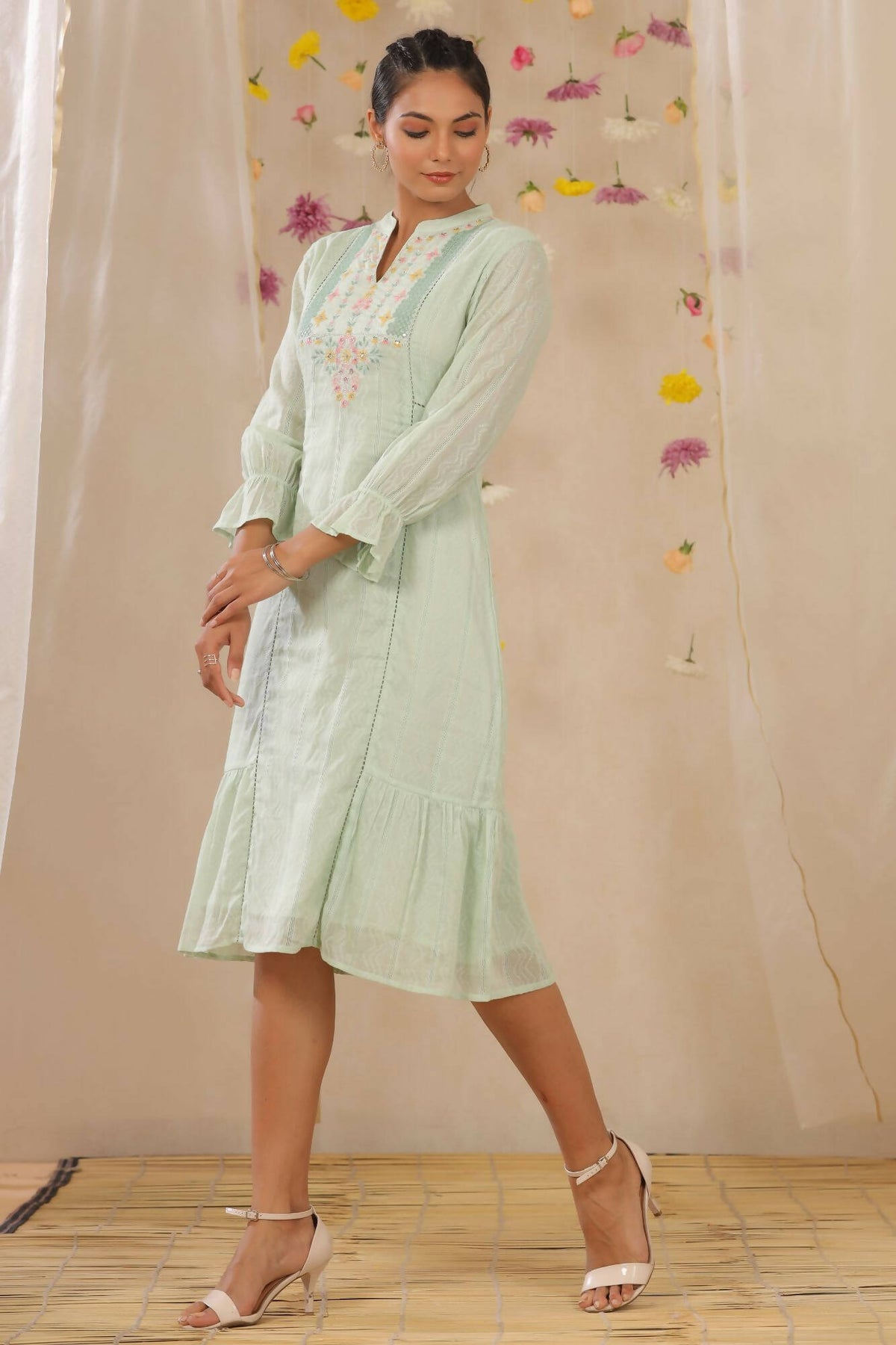 Juniper Women Sagegreen Cotton Dobby Woven Design A-Line Dress | Grocsy