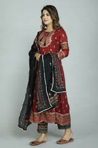 Alvano Women's Stylish Anarkali Kurti with Pant and Dupatta for Women and Girls (Maroon) | Grocsy