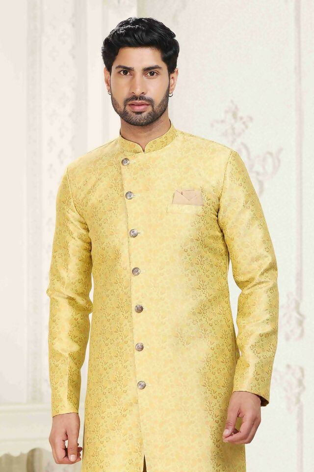 Raivat Ethnic Banarasi Jacquard Embroidery Semi Indo Western Sherwani In Cream Gold Colour | Grocsy