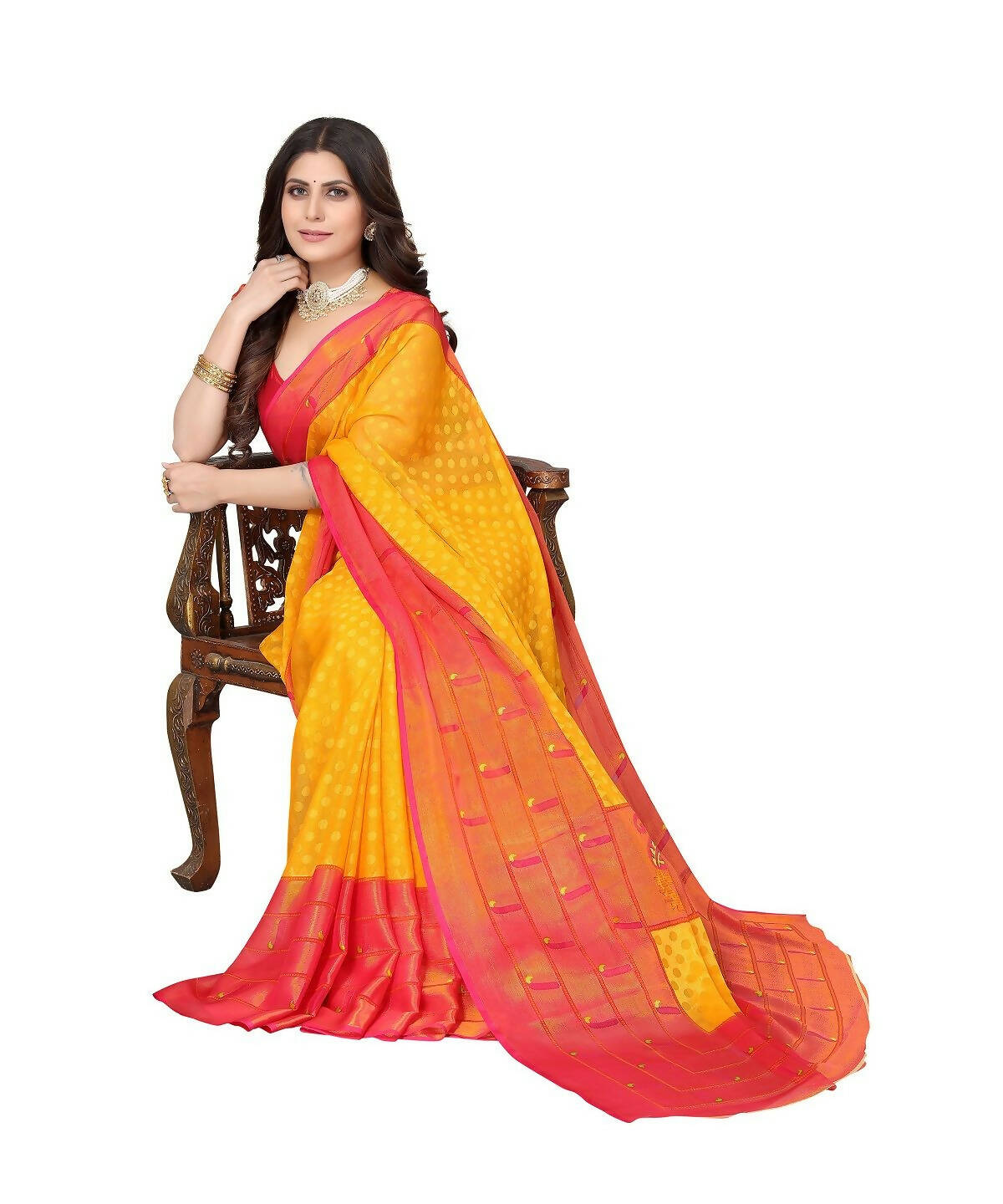 Vamika Yellow Chiffon Brasso Bollywood Style Woven Saree (DIMPLE YELLOW) | Grocsy