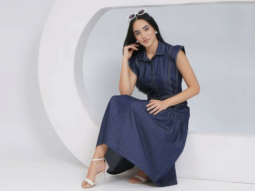 Joban Fashion Blue Denim Midi Dress | Grocsy