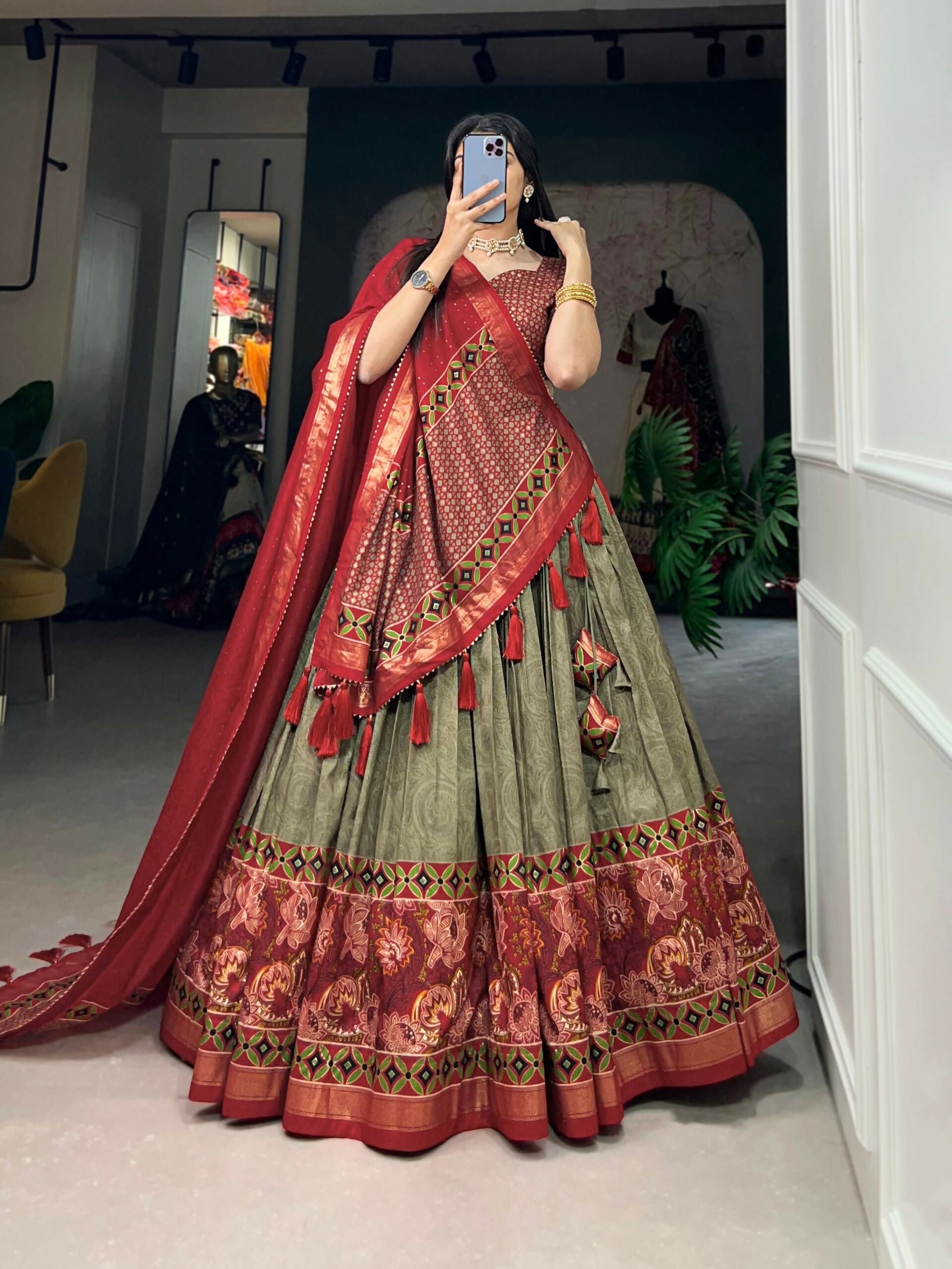 Vastranavya Floral Print With Foil Print Tussar Silk Lehenga with Unstitched Blouse - Mehendi | Grocsy