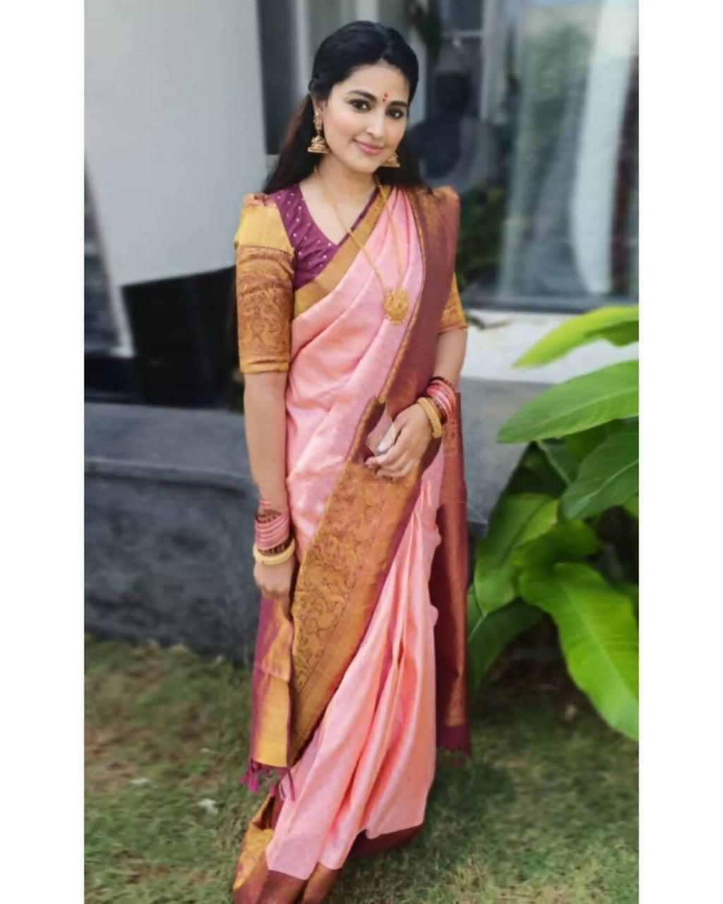 DEIANA'S Beautiful Designer Golden zari Soft Lichi Silk Saree - Peach | Grocsy