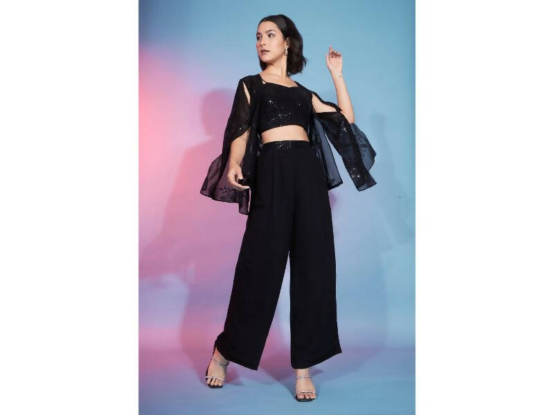 Black Georgette Sequence With Thread Designer Co-Ord Set - Flory | Grocsy