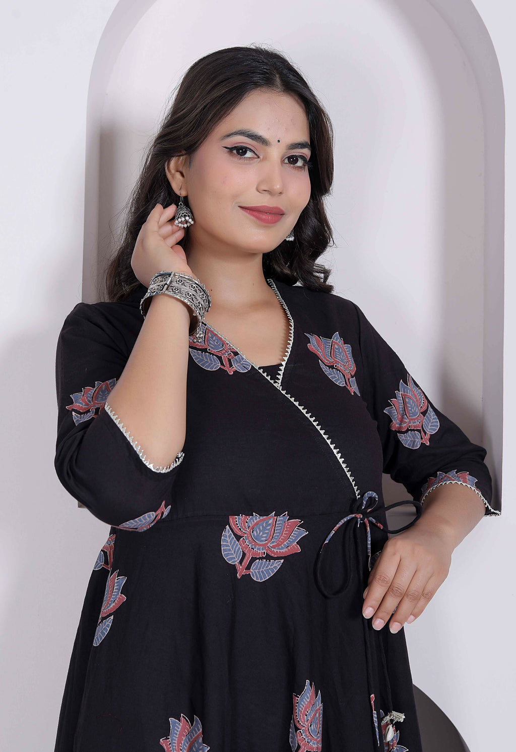 Miravan Womens Cotton Floral Print Anarkali Kurta-Black | Grocsy