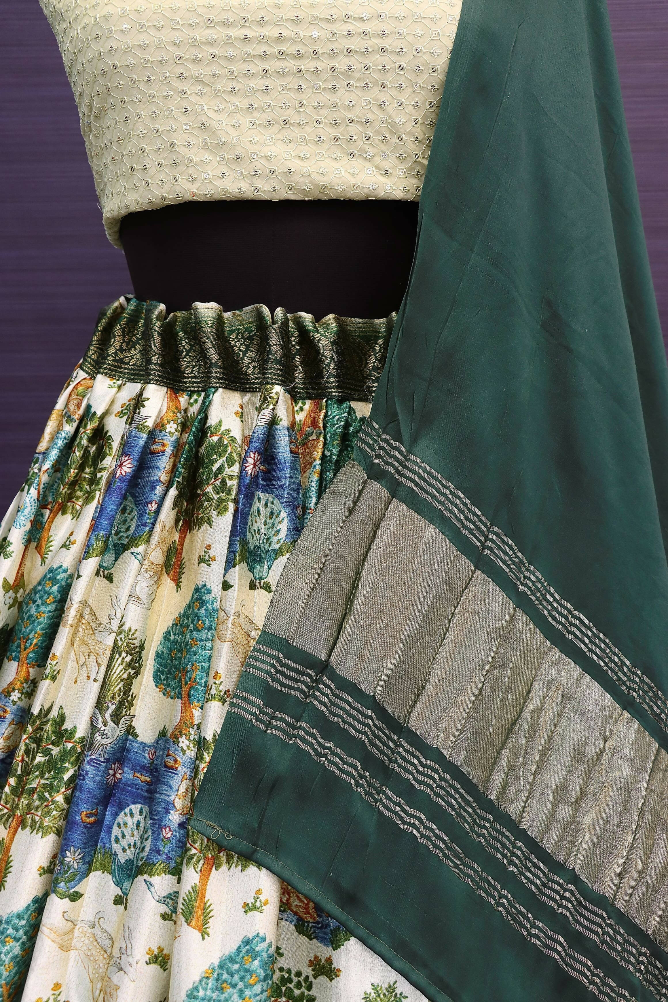 DEIANA'S Beautiful Gaji Silk Printed With Heavy Zari Lehengha Choli - Cream | Grocsy