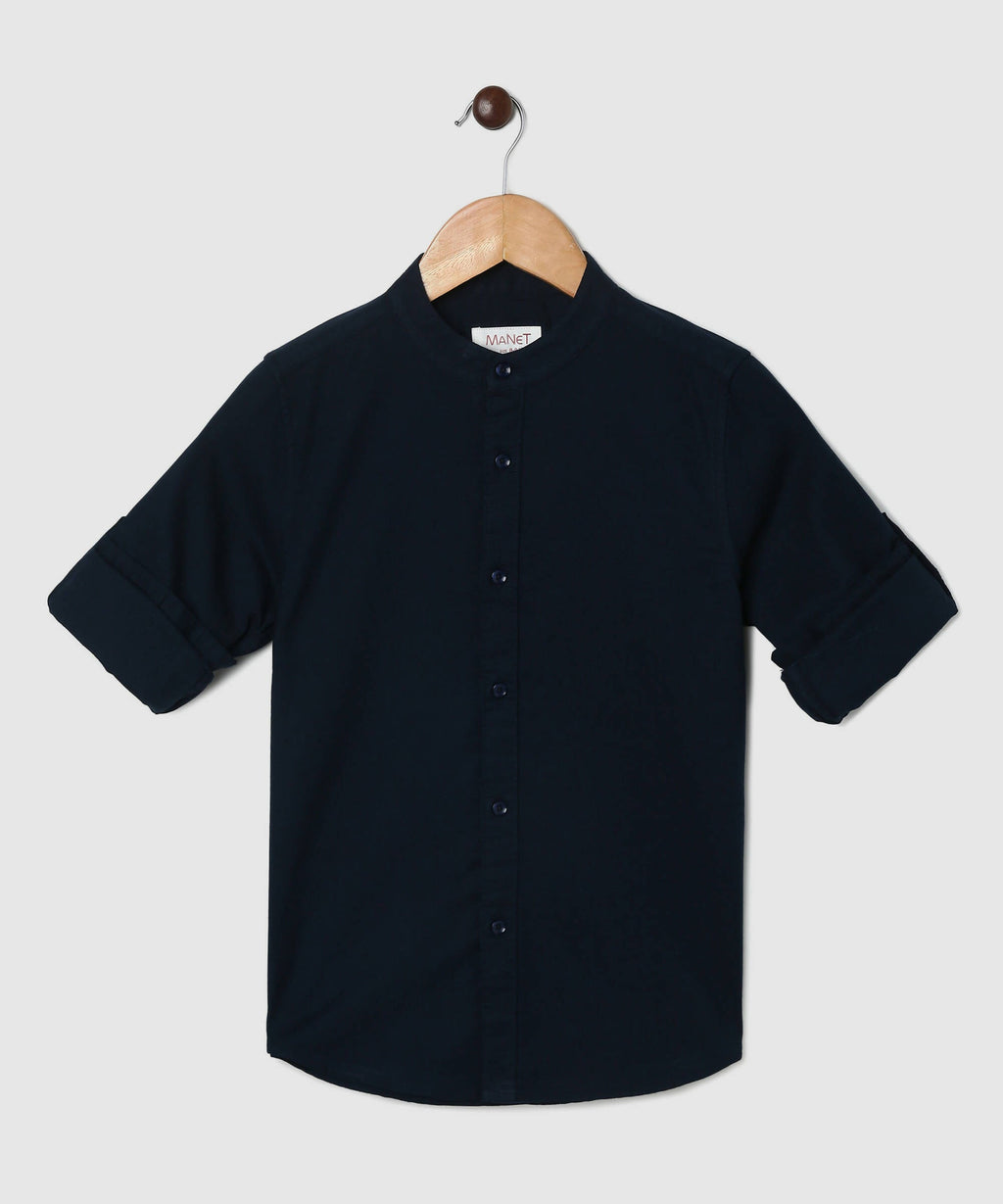 Manet Boys Mandarin Collar Full Sleeves Melange Shirt - Navy Blue | Grocsy