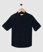 Manet Boys Mandarin Collar Full Sleeves Melange Shirt - Navy Blue | Grocsy