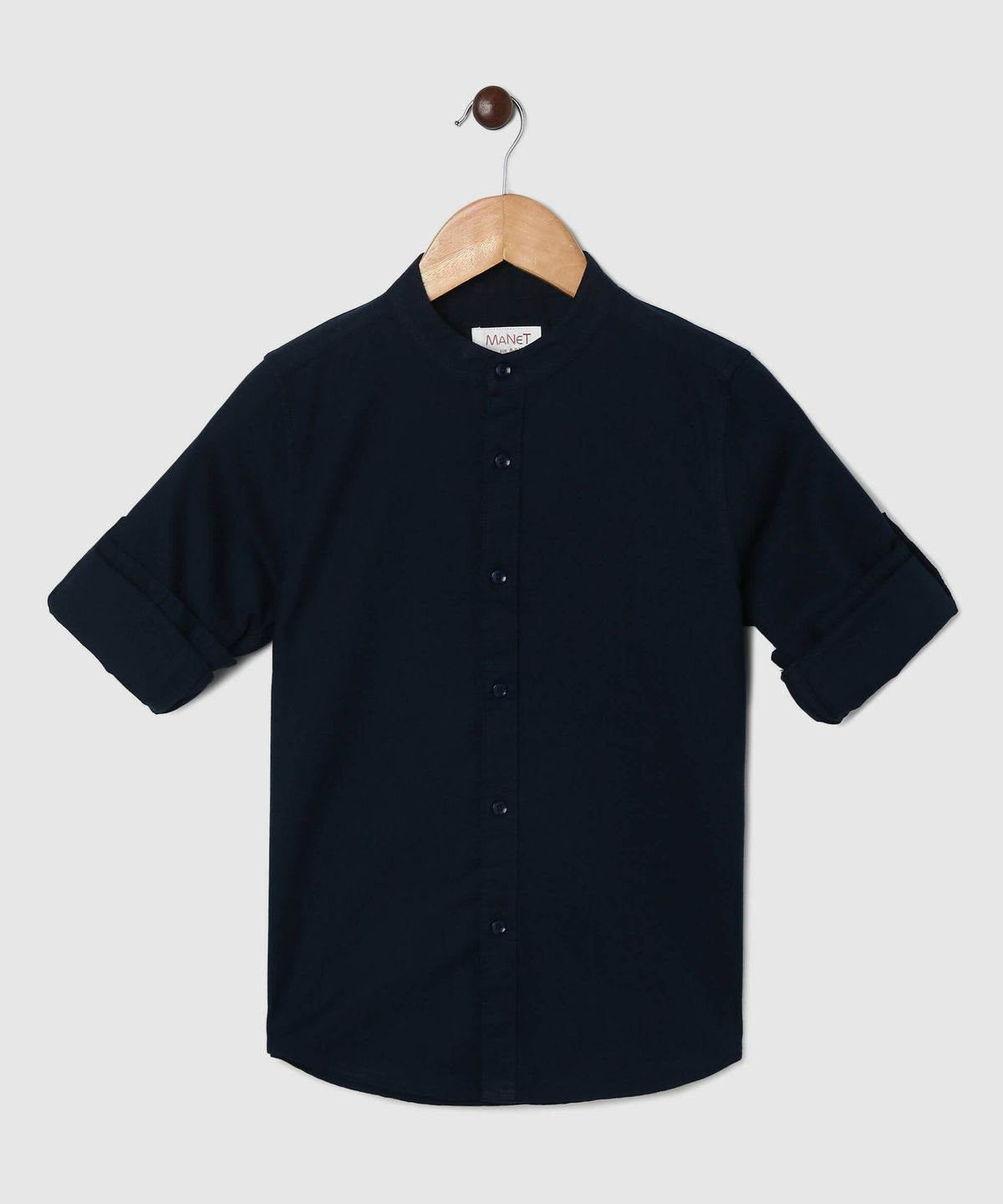 Manet Boys Mandarin Collar Full Sleeves Melange Shirt - Navy Blue | Grocsy