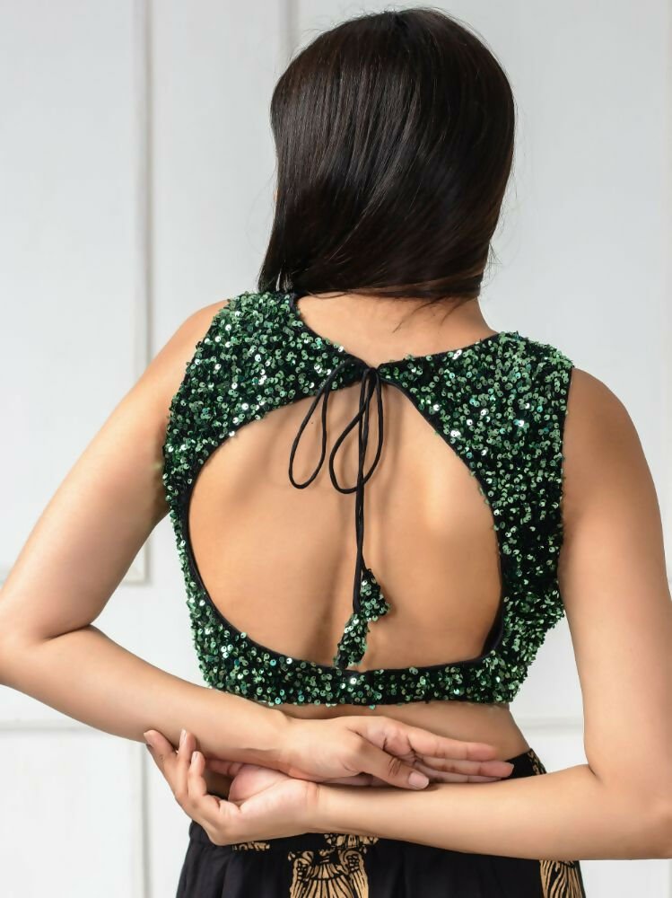 Amodini Designer Studio Women's Velvet Green Sleeveless Blouse | Grocsy