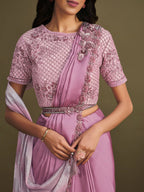 Light Purple Satin Silk Sequence Embroidered Saree With Stitched Blouse - Mohmanthan La Belle | Grocsy