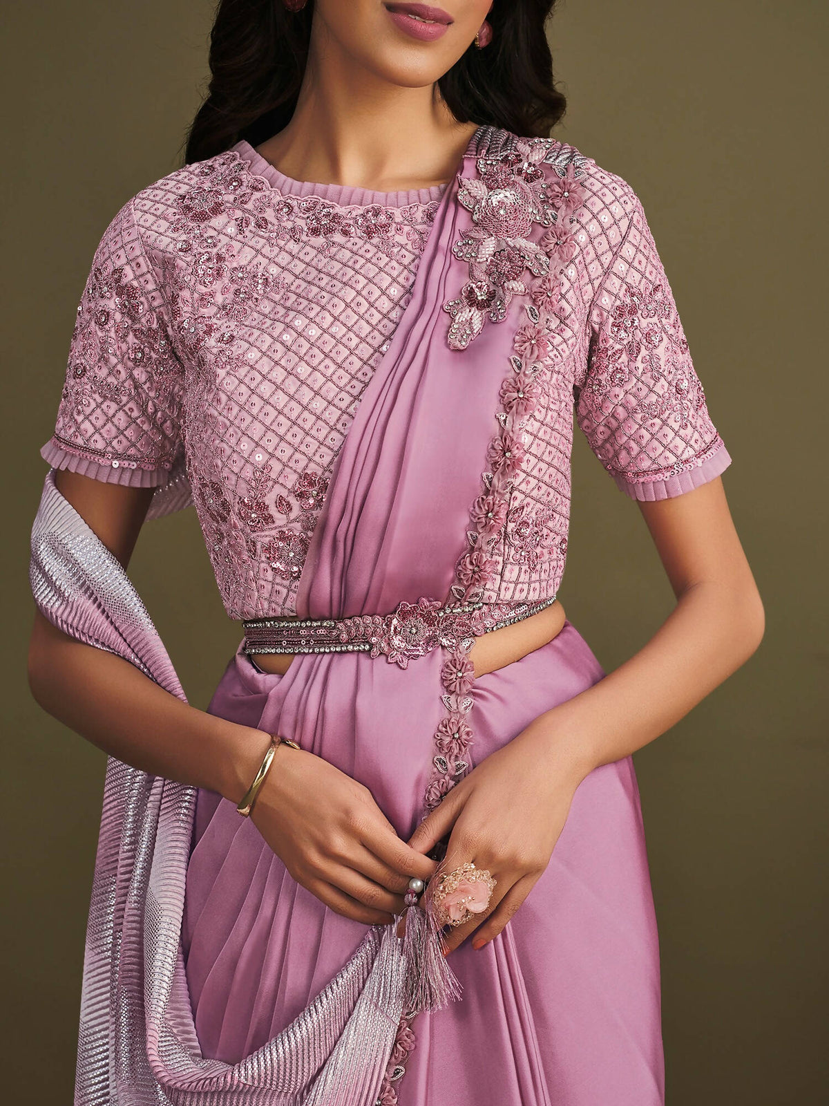 Light Purple Satin Silk Sequence Embroidered Saree With Stitched Blouse - Mohmanthan La Belle | Grocsy