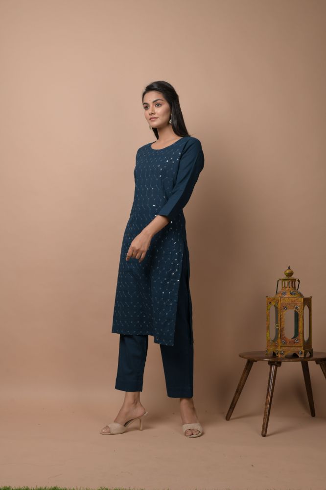 Kaajh Women's Navy Blue Solid Sequins Embellished Kurta Pant Set | Grocsy