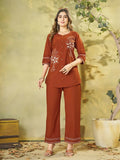 Teeya Creation Orange Embroidered Cotton Co-ord Set for Women | Grocsy