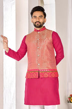 Anaita Peach Cotton Straight Kurta Pajama & Koti With Jequard Work | Grocsy