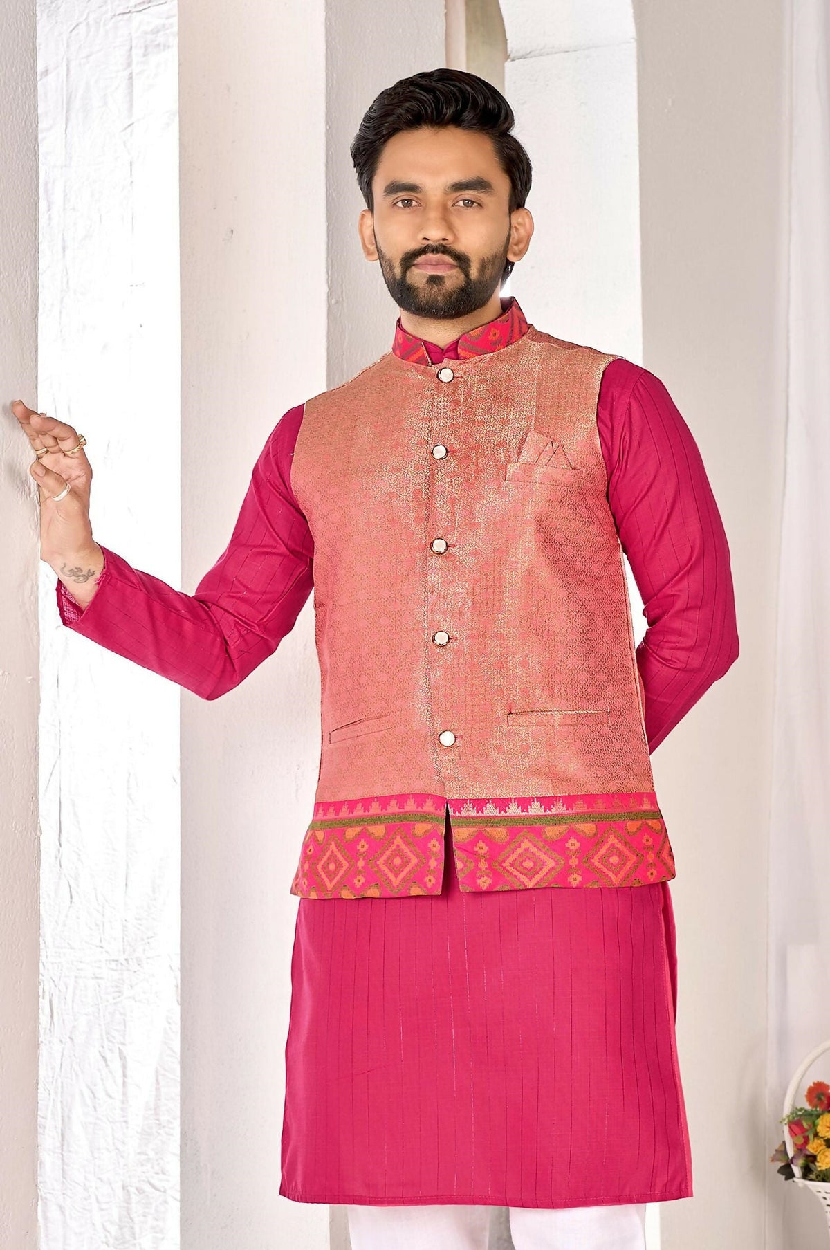 Anaita Peach Cotton Straight Kurta Pajama & Koti With Jequard Work | Grocsy