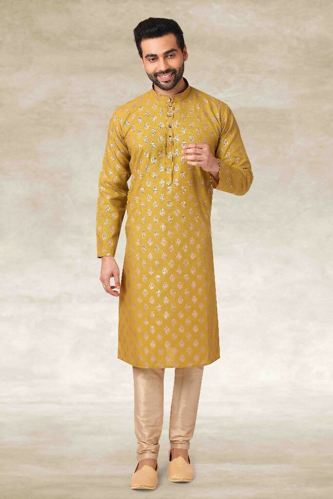 Raivat Ethnic Cotton Printed Work Kurta Pajama In Mustard Colour | Grocsy