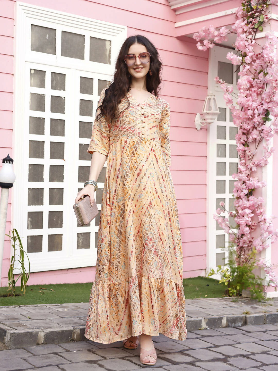 Peach Rayon Foil Printed Long Dress - Michan | Grocsy