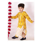 Little Bansi Boys Yellow and Cream Color Feather print Kurta and Dhoti | Grocsy
