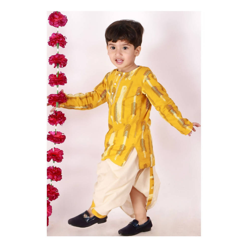 Little Bansi Boys Yellow and Cream Color Feather print Kurta and Dhoti | Grocsy