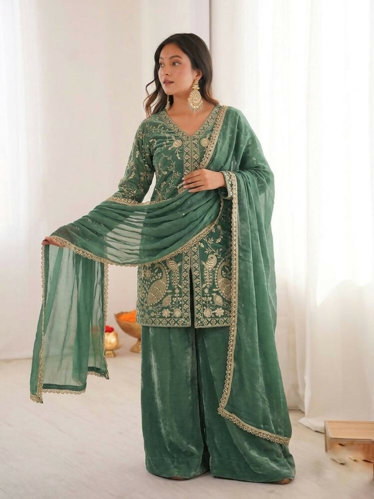 Teeya Creation Light Green Color Fendy Silk Embroidery Work Wedding Wear Salwar Suit | Grocsy