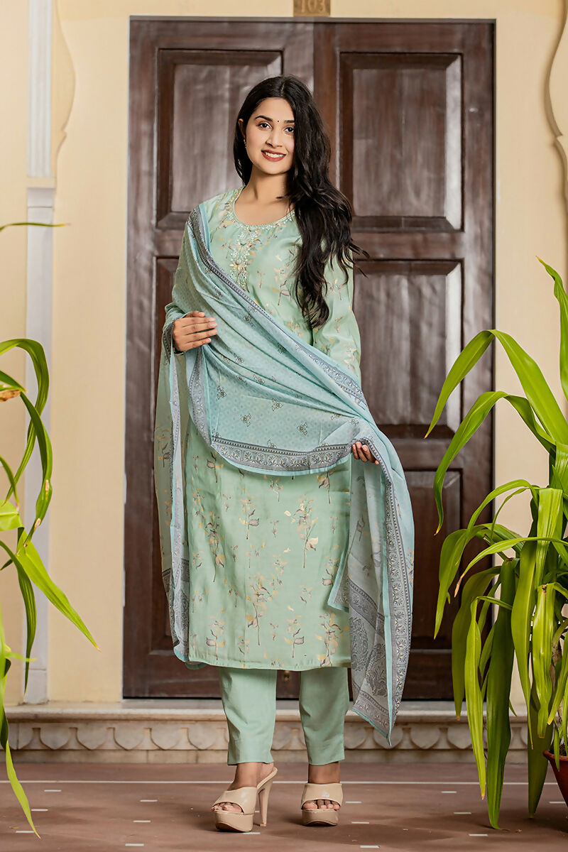 Kaajh Women's Sky Blue Printed Modal Silk Suit Set | Grocsy