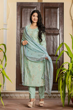 Kaajh Women's Sky Blue Printed Modal Silk Suit Set | Grocsy