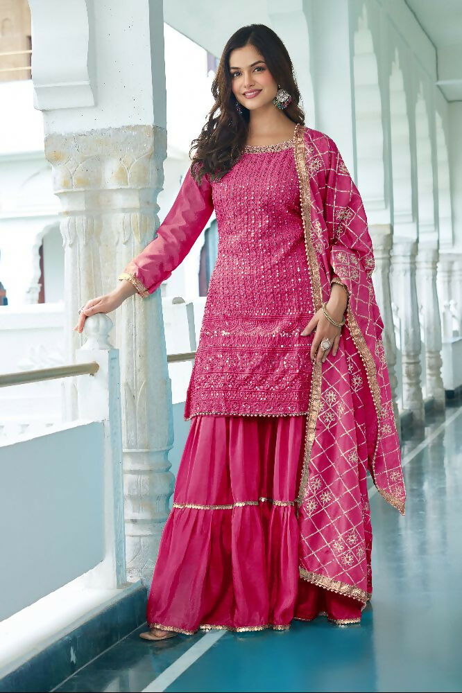 Teeya Creation Pink Colour Chinnon Silk Heavy Embroidery Work Fully Stitched Salwar Suit | Grocsy