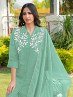 Nikhaar Light Green Embroidered Viscose Georgette Stitched Straight Cut Kurta Culottes Dupatta Readymade Suit | Grocsy
