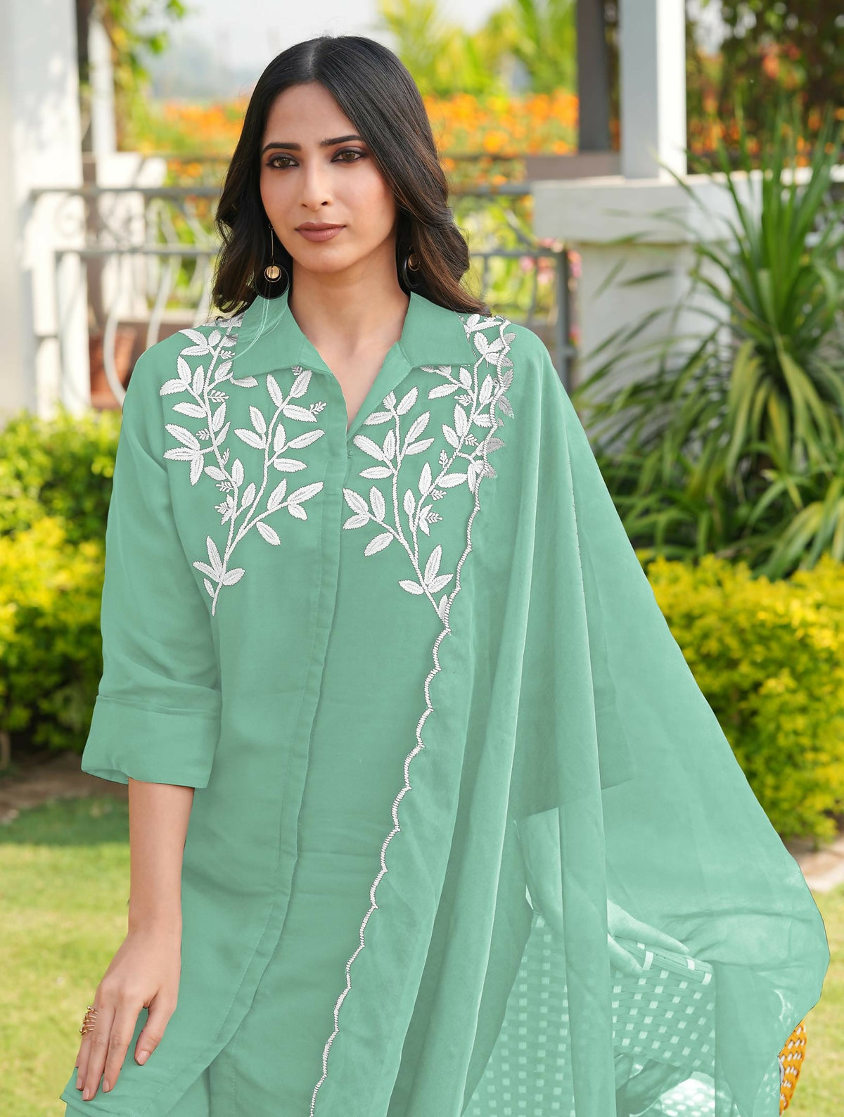 Nikhaar Light Green Embroidered Viscose Georgette Stitched Straight Cut Kurta Culottes Dupatta Readymade Suit | Grocsy