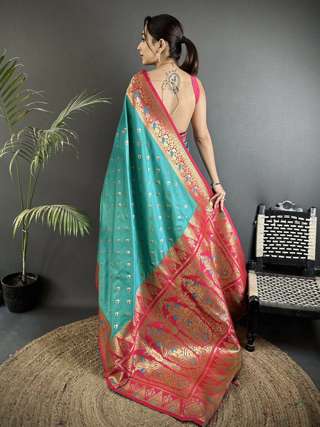 Joban Fashion Teal Blue Intricate Motifs Soft Silk Banarasi Saree | Grocsy