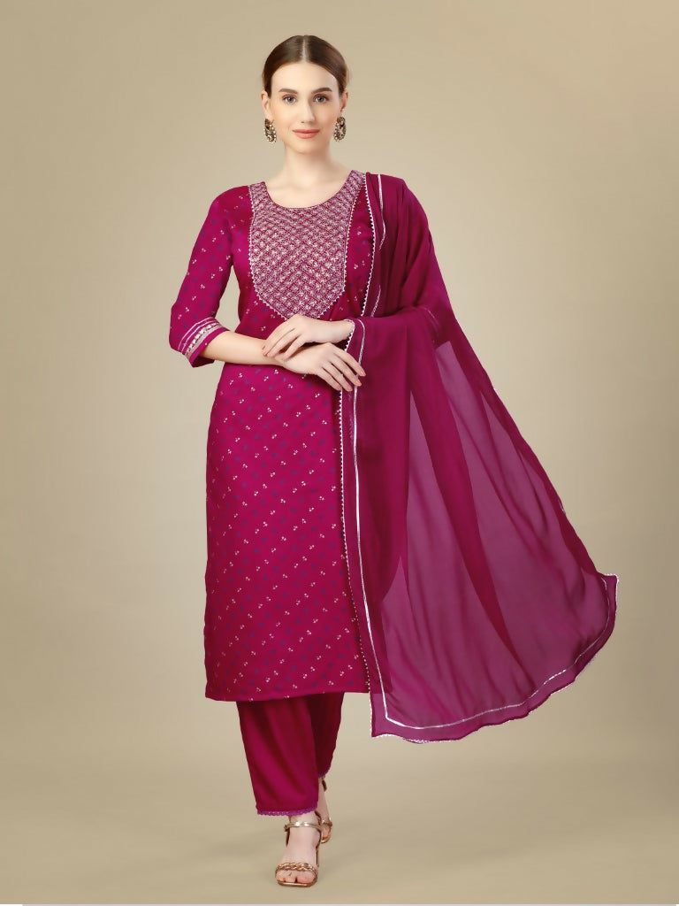 Jyoti Fashion Women's Rani Pink Silk Blend Embroidery & Sequence work Kurta with Trouser & Dupatta | Grocsy