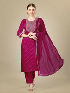 Jyoti Fashion Women's Rani Pink Silk Blend Embroidery & Sequence work Kurta with Trouser & Dupatta | Grocsy