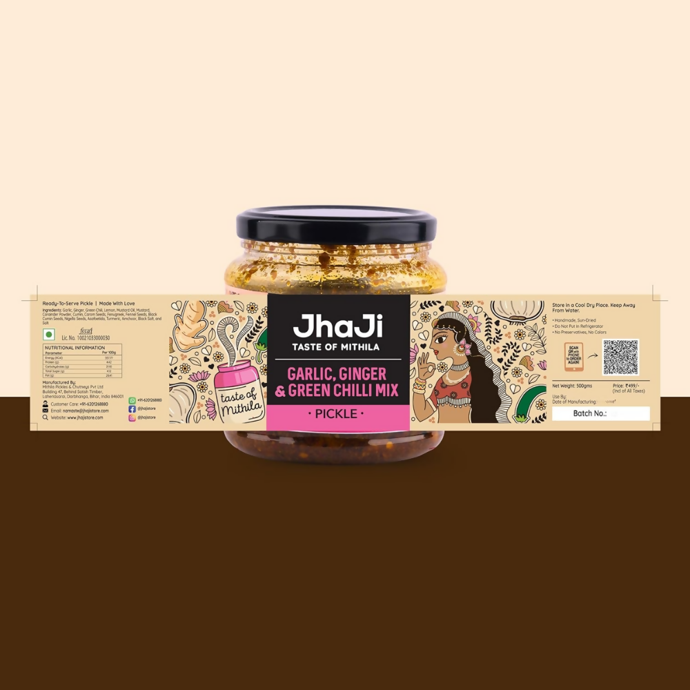 Jhaji Taste of Mithila Garlic, Ginger, Chilli Mix Pickle | Grocsy