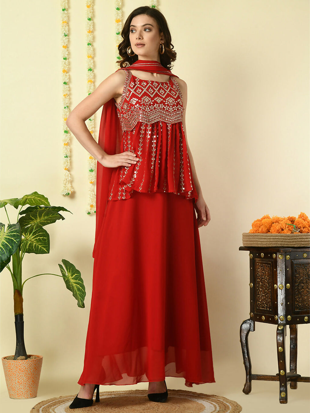 Myshka Women's Red Georgette Top & Skirt With Dupatta Party Sets | Grocsy