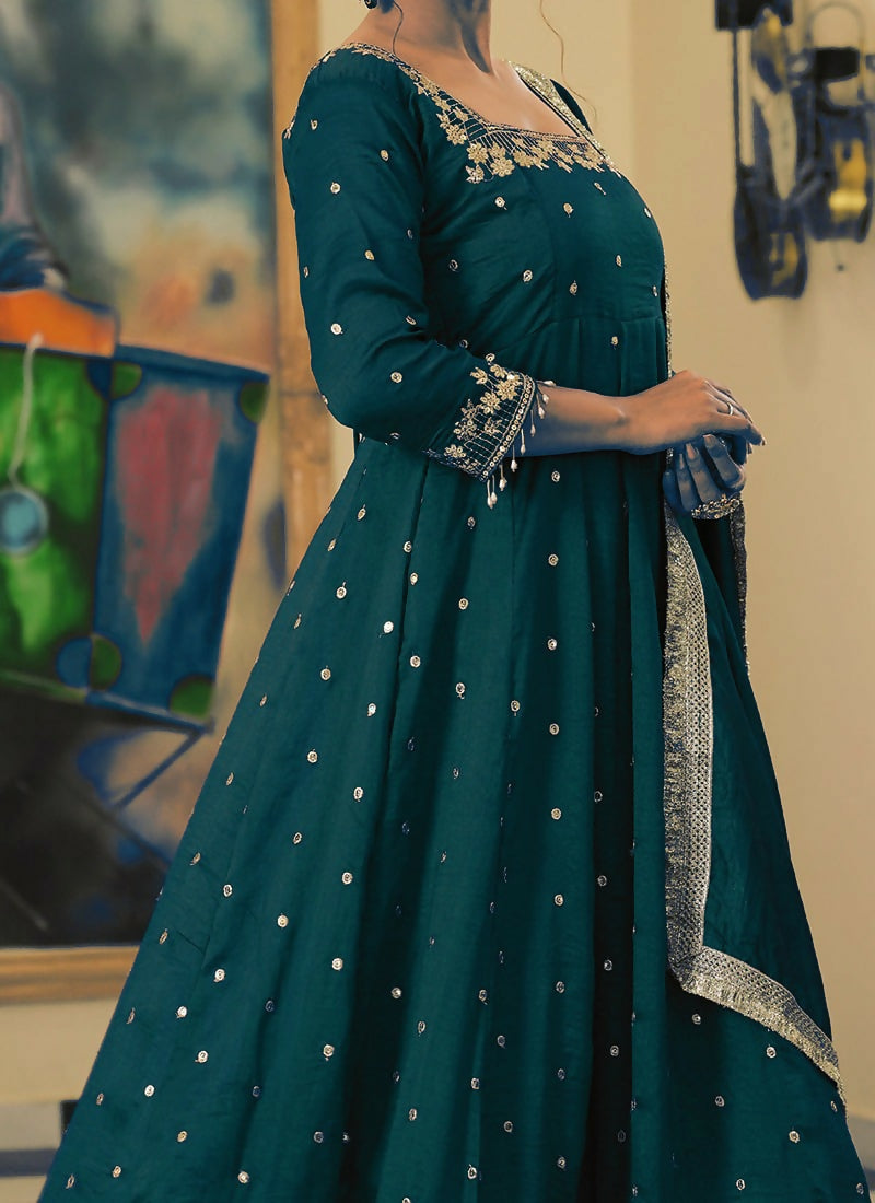 Teeya Creation Teal Color Pure Vichitra Silk Embroidery Work Party Wear Gown | Grocsy