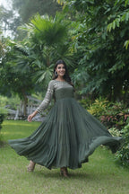 Jyoti Fashion Women's Mehendi Sequins Zari Embroidered Faux Georgette Anarkali Dress | Grocsy