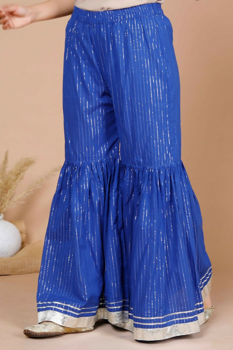 Miravan Women's Blue Printed Pure Cotton A-Line Kurti With Sharara | Grocsy