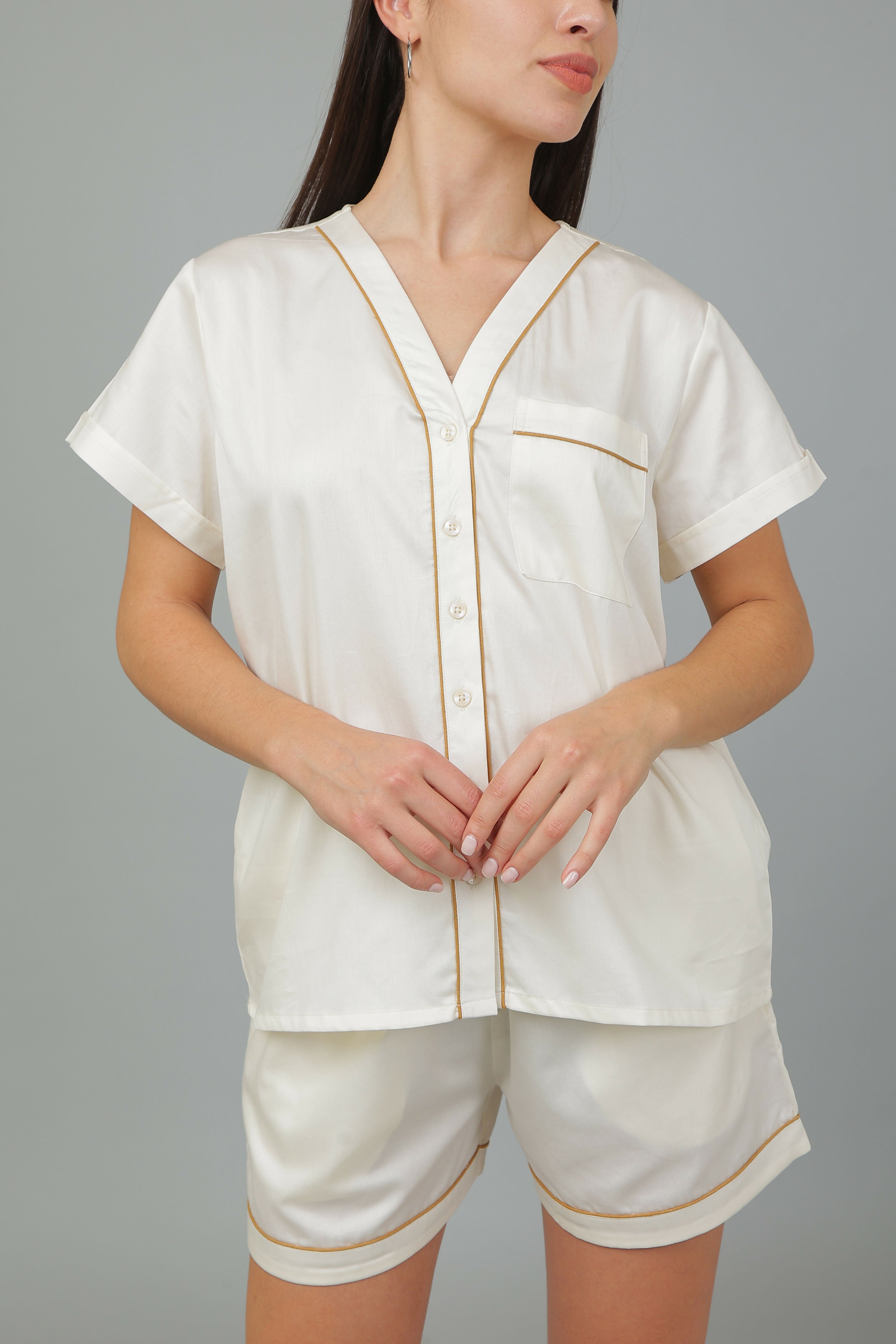 Breathables Women Cotton Night Suit Shirt And Shorts Co-Ord Set I Nightwear | Loungewear Set In Solid Colours | Grocsy