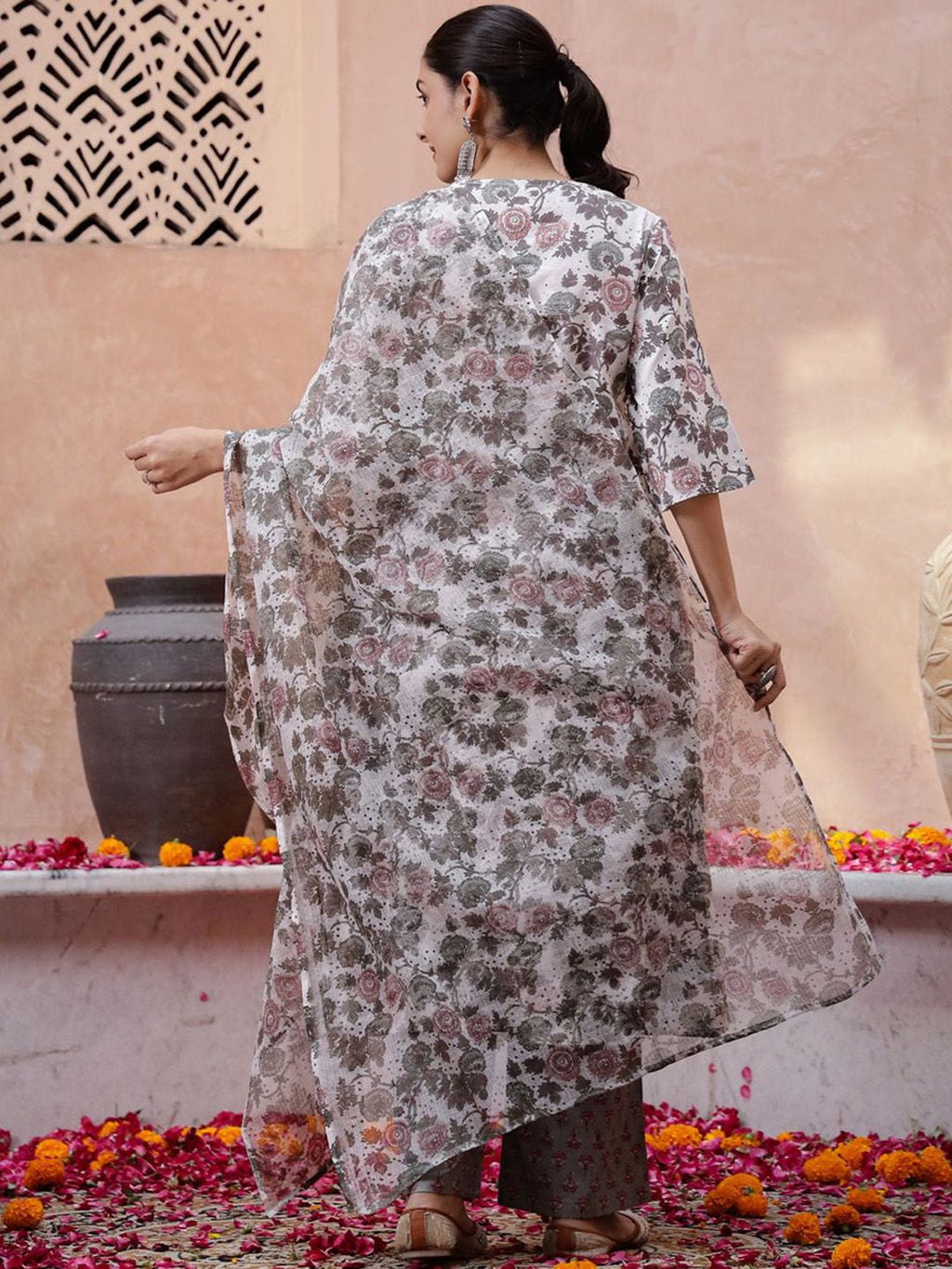 Sangria Off White Floral Printed Pure Cotton Kurta & Trouser With Dupatta | Grocsy