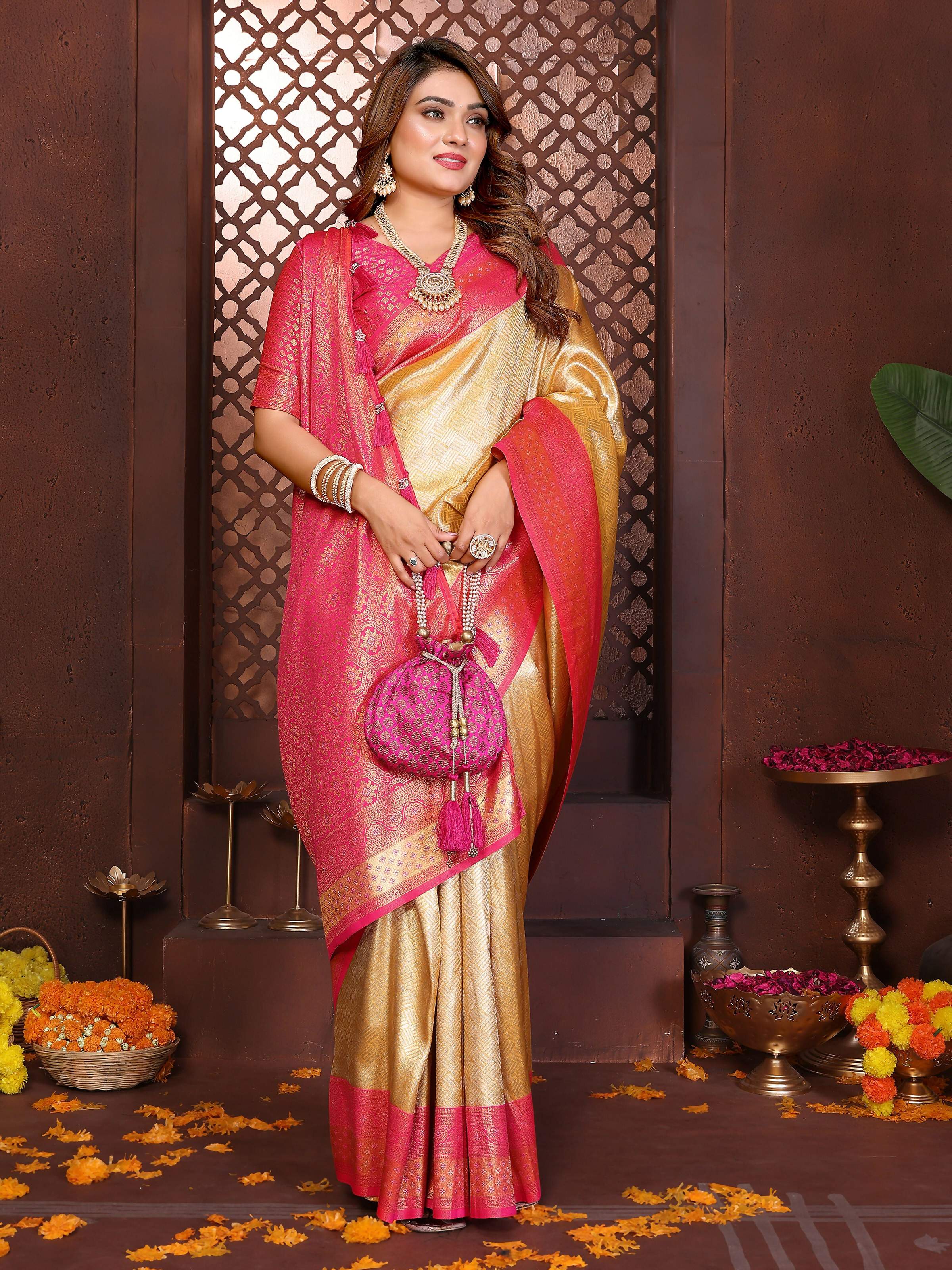 Aastha Fashion Cream Tissue Silk Woven Saree | Grocsy